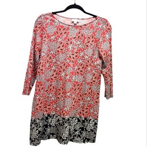 J. Jill 3/4 Sleeve Tunic Coral Navy White Leaf Design Size S Lightweight Travel